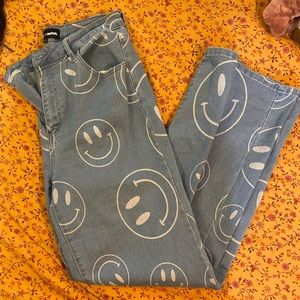 Fashion Nova Smiley Face Jeans Denim Stretch Flare Leg Blue White